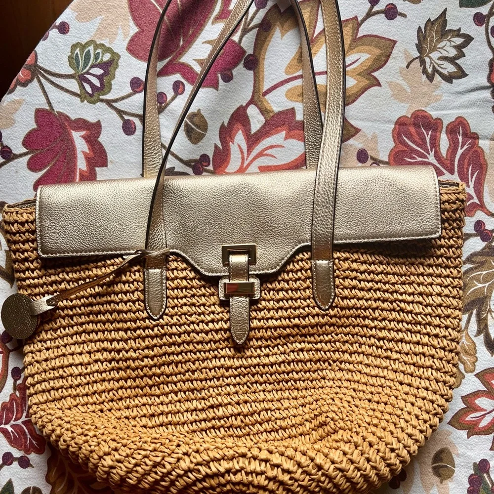 Michael Kors Woven Straw Tote with Metallic Beige Trim